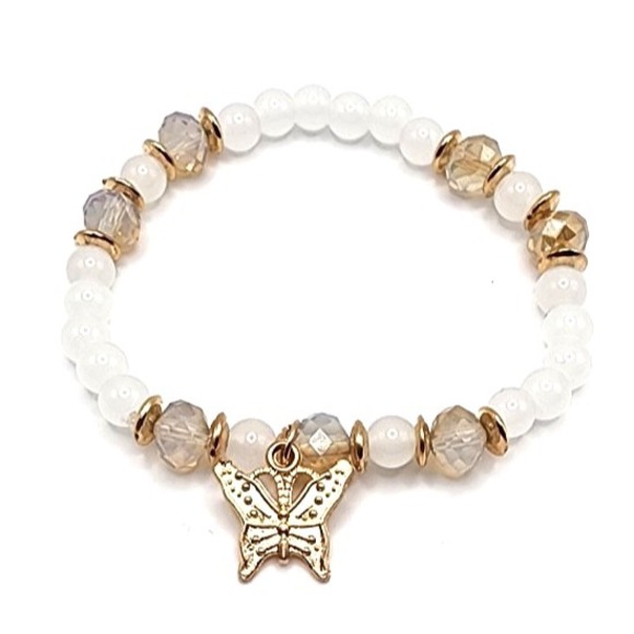 The Unbranded Brand Jewelry - Gold Tone Butterfly Charm Beaded Bracelet Women's Stretch Frosted Beads New
